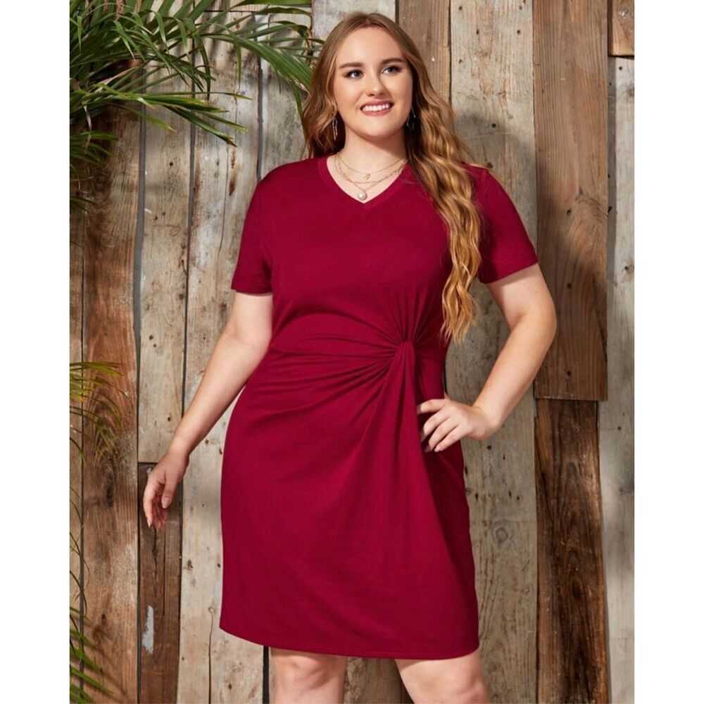 Shein Curve 4XL Red Lune Twist Front V Neck Tshirt Dress Office Corporate Work‎